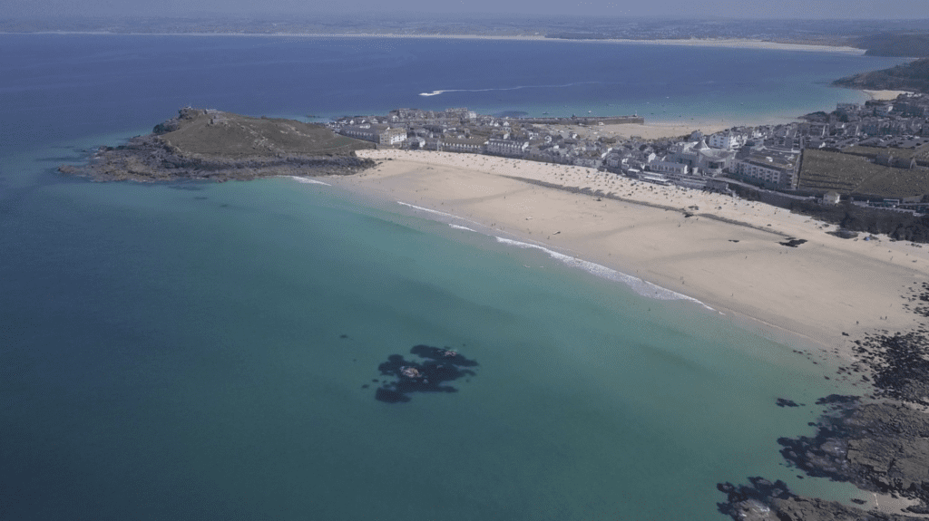 An aerial view of Porthmeor Beach in St Ives, Cornwall