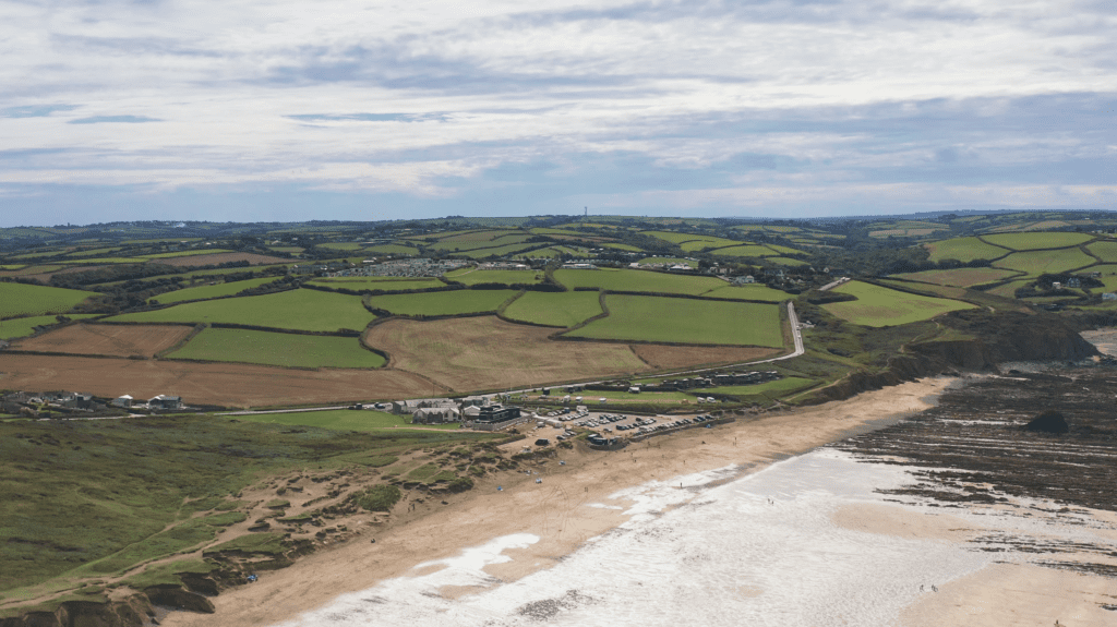 An aerial view of Widemouth Bay Beach near Bude, Cornwall